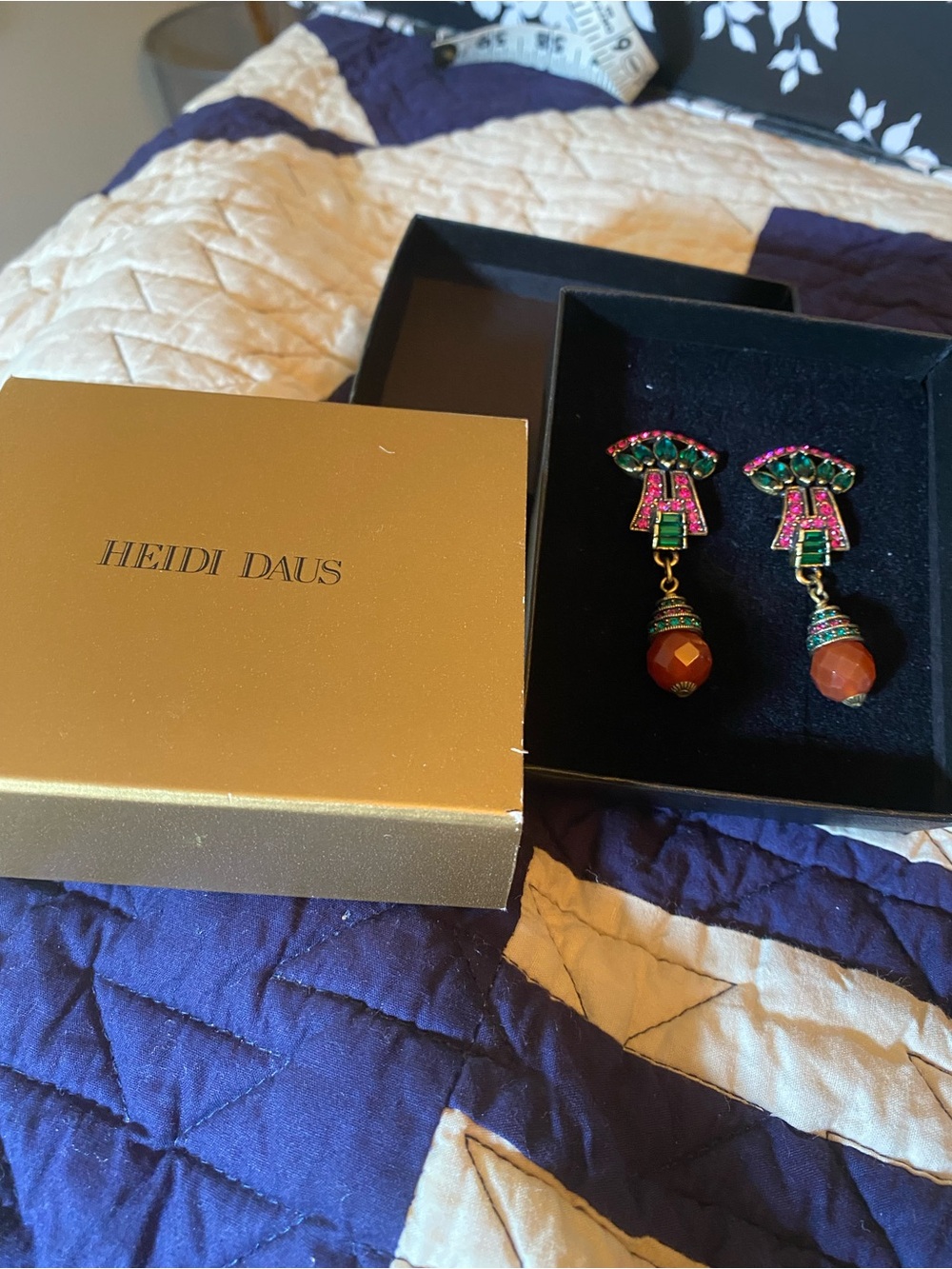 Heidi Daus Fuchsia & Green Crystal Orange Faceted Drop Earrings Clip ons